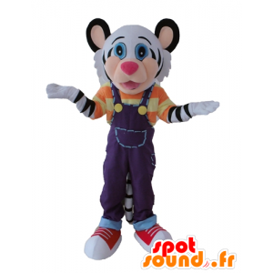 Mascotte de tigre blanc et noir, avec une tenue colorée - MASFR22983 - Mascottes Tigre