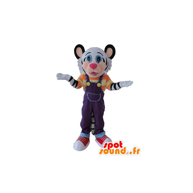 Mascot tigre in bianco e nero con un abito colorato - MASFR22983 - Mascotte tigre