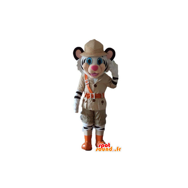 Mascot wit en zwart tijger in Explorer gehouden - MASFR22988 - Tiger Mascottes