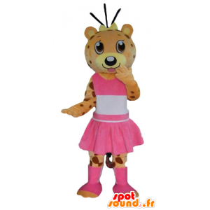 Laranja e mascote de pelúcia amarelo, tigre, vestida de rosa - MASFR22990 - mascote do urso