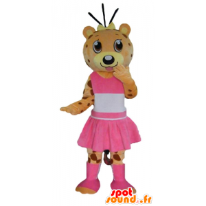 Orange und gelbe Teddy Maskottchen, Tiger in rosa gekleidet - MASFR22990 - Bär Maskottchen