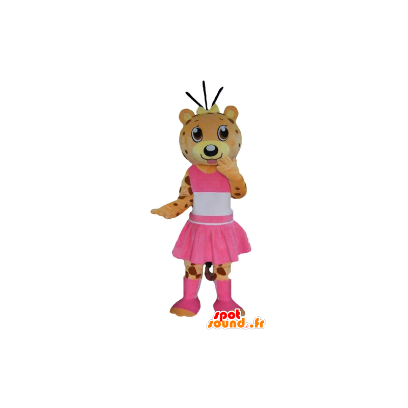 Orange and yellow teddy mascot, tiger dressed in pink - MASFR22990 - Bear mascot