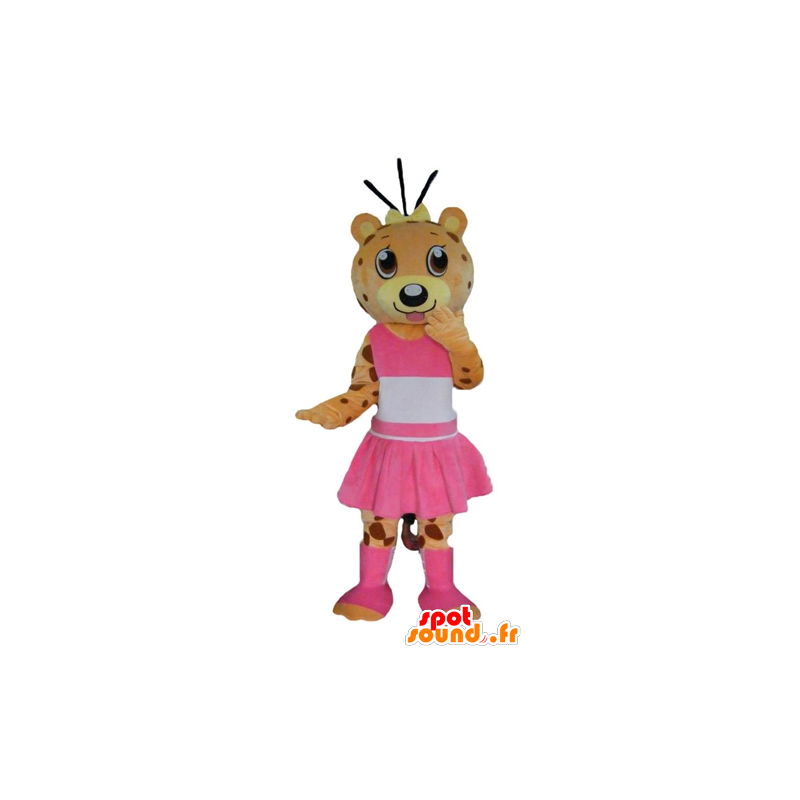 Oranje en geel teddy mascotte, tijger, gekleed in roze - MASFR22990 - Bear Mascot