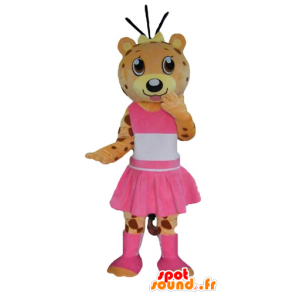 Naranja y amarillo mascota de peluche, tigre vestidos en rosa - MASFR22990 - Oso mascota