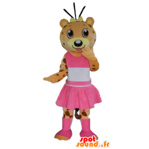 Oransje og gult teddy maskot, tiger, kledd i rosa - MASFR22990 - bjørn Mascot