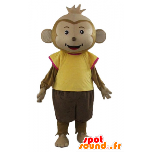 καφέ μασκότ πίθηκος, ντυμένος με πολύχρωμα ρούχα - MASFR22995 - Πίθηκος Μασκότ