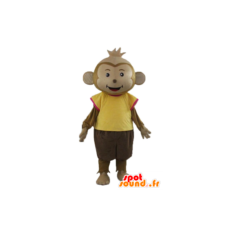 Brun abe maskot, klædt i et farverigt tøj - Spotsound maskot