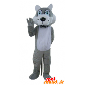 Mascot grijze en witte wolf met blauwe ogen - MASFR22997 - Wolf Mascottes