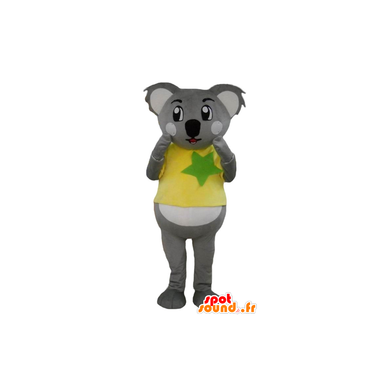 Grå och vit koalamaskot, med en gul och grön t-shirt -