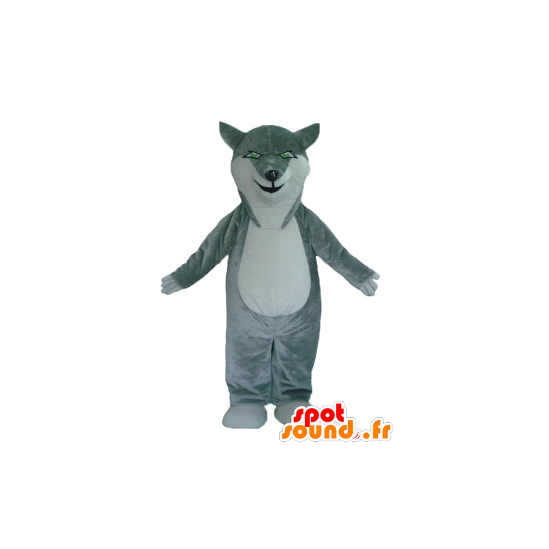 Mascot grijze en witte wolf met groene ogen - MASFR23002 - Wolf Mascottes