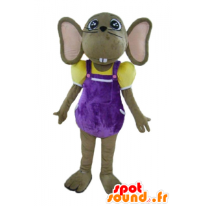 Maskot brun och rosa mus, i färgglad outfit - Spotsound maskot