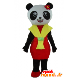 Maskot svart og hvit panda med en rød og gul kjole