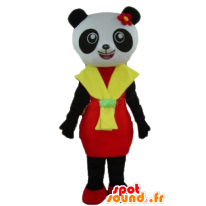 Maskotti mustavalkoinen panda punainen ja keltainen mekko - MASFR23011 - maskotti pandoja