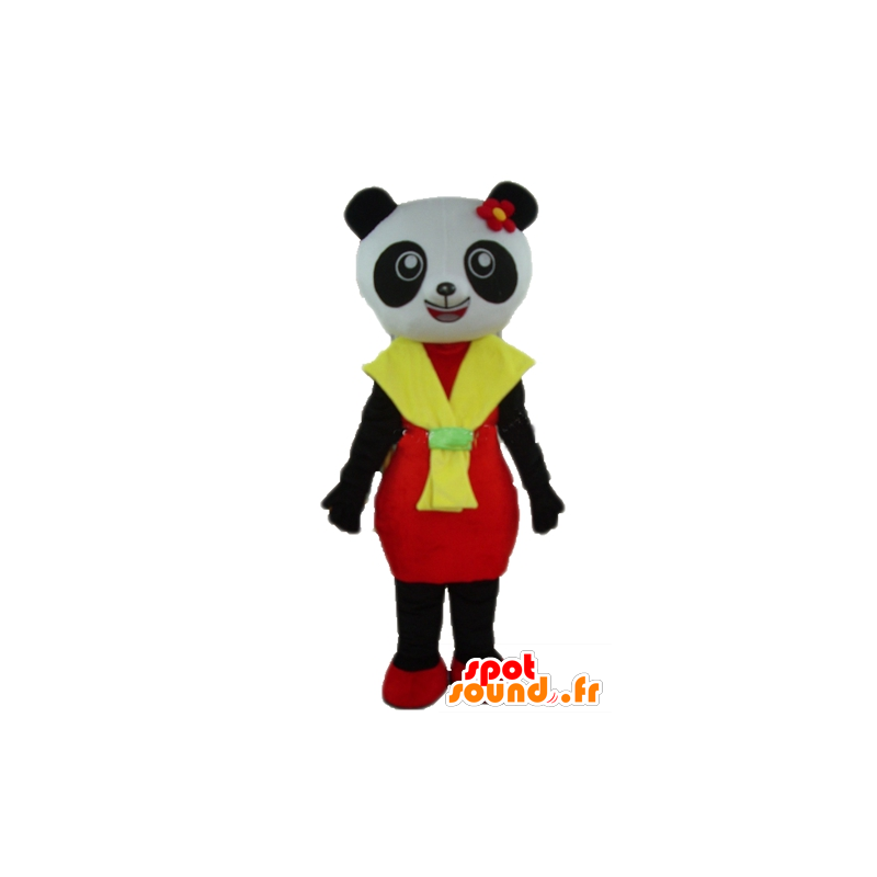 Mascot panda preto e branco com um vestido vermelho e amarelo - MASFR23011 - pandas mascote