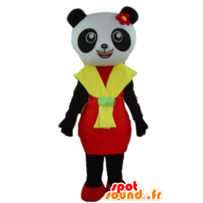 Mascotte zwart-witte panda met een rode en gele kleding - MASFR23011 - Mascot panda's