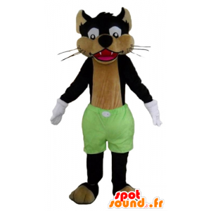 Maskottchen-schwarz und braun Wolf, Katze mit grünen Shorts - MASFR23013 - Katze-Maskottchen