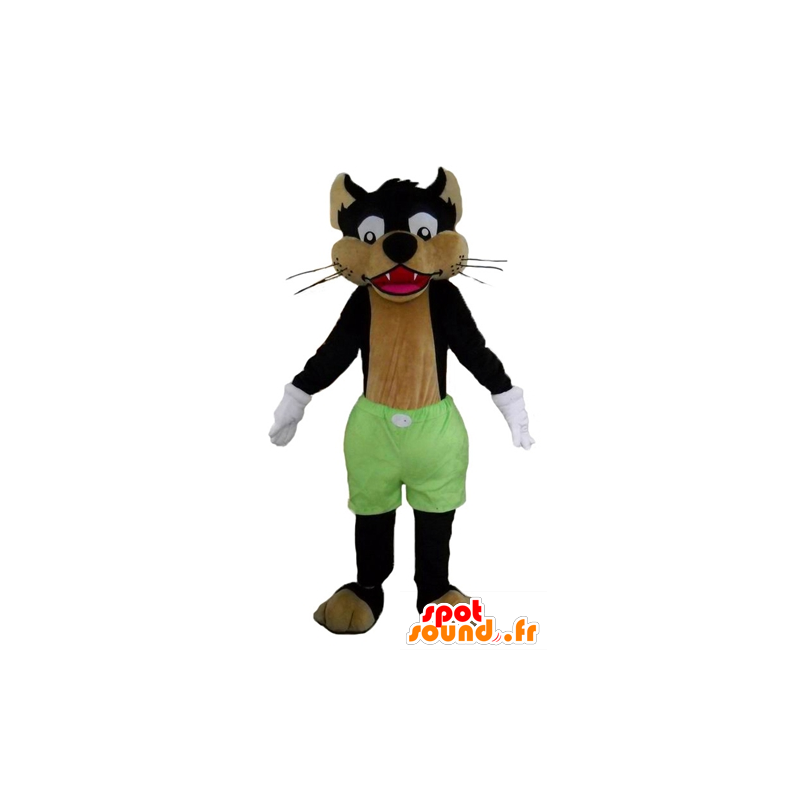 Mascotte de loup noir et marron, de chat avec un short vert - MASFR23013 - Mascottes de chat