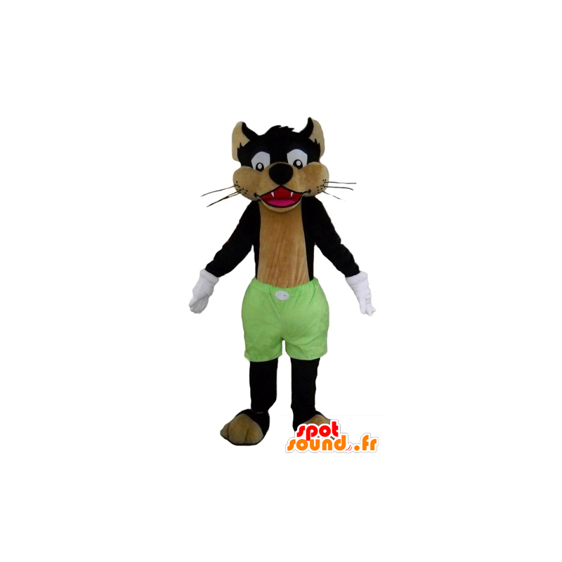 マスコットの黒と茶色のオオカミ、緑のショートパンツの猫-MASFR23013-猫のマスコット