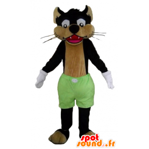 Mascot van zwarte en bruine wolf, kat met groene korte broek - MASFR23013 - Cat Mascottes