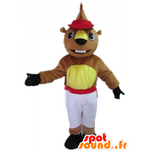 Brązowy i żółty bóbr maskotka biała i czerwona sukienka - MASFR23021 - Beaver Mascot