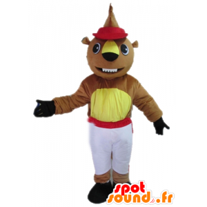 Mascotbrun og gul bæver i hvidt og rødt outfit - Spotsound