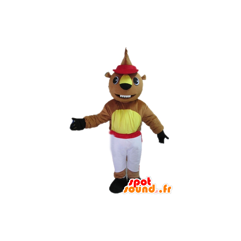 Mascotte de castor marron et jaune en tenue blanche et rouge - MASFR23021 - Mascottes de castor