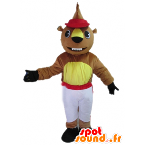 Mascotte de castor marron et jaune en tenue blanche et rouge - MASFR23021 - Mascottes de castor