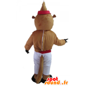 Braun und gelb Biber-Maskottchen in roten und weißen Outfit - MASFR23021 - Biber Maskottchen