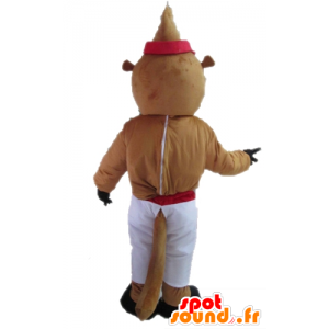 Brown and yellow beaver mascot in red and white outfit - MASFR23021 - Beaver mascots
