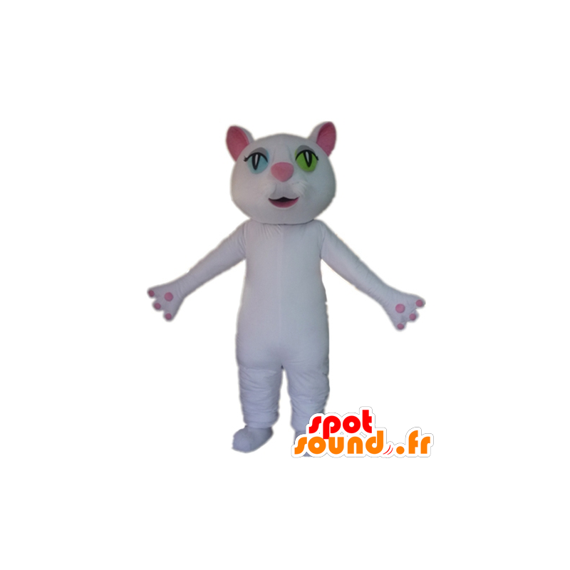 Mascotte de chat blanc et rose, aux yeux vairons - MASFR23029 - Mascottes de chat