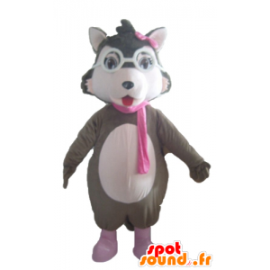 Mascot graue Wolf, weiß und rosa, mit Brille - MASFR23032 - Maskottchen-Wolf