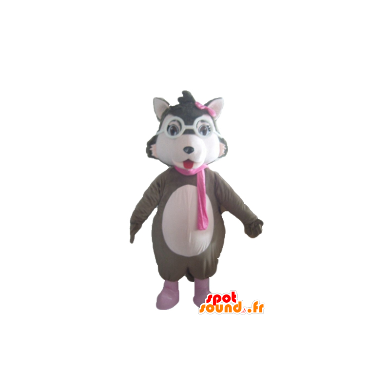 Grå ulvmaskot, hvid og lyserød, med briller - Spotsound maskot
