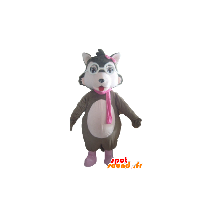 Mascot gray wolf, white and pink, with glasses - MASFR23032 - Mascots Wolf