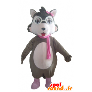 Mascot grijze wolf, wit en roze, met een bril - MASFR23032 - Wolf Mascottes