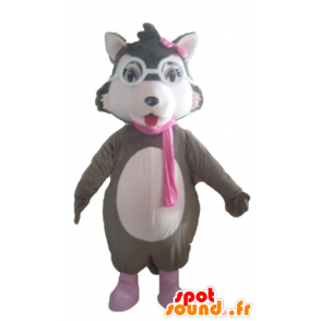 Mascot šedý vlk, bílé a růžové, s brýlemi - MASFR23032 - vlk Maskoti