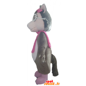 Mascot graue Wolf, weiß und rosa, mit Brille - MASFR23032 - Maskottchen-Wolf