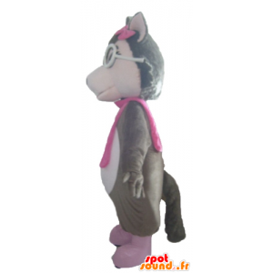 Mascotte de loup gris, blanc et rose, avec des lunettes - MASFR23032 - Mascottes Loup