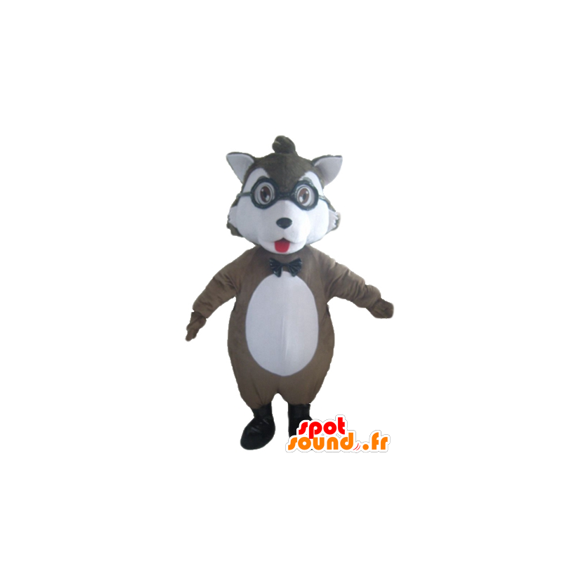 Grau und Weiß Wolf-Maskottchen mit Brille - MASFR23033 - Maskottchen-Wolf