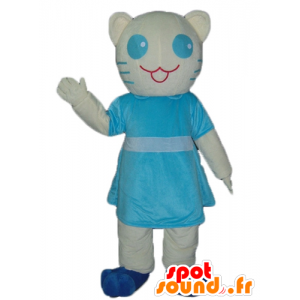 Mascotte de chat blanc et bleu, avec une robe bleue - MASFR23041 - Mascottes de chat