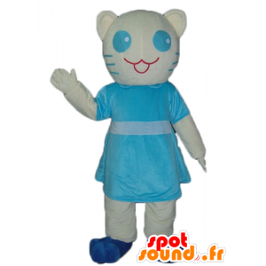Maskottchen weiß und blau Katze mit einem blauen Kleid - MASFR23041 - Katze-Maskottchen