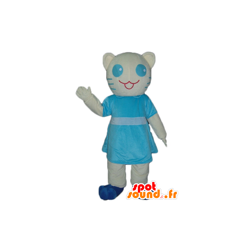 Mascot white and blue cat with a blue dress - MASFR23041 - Cat mascots