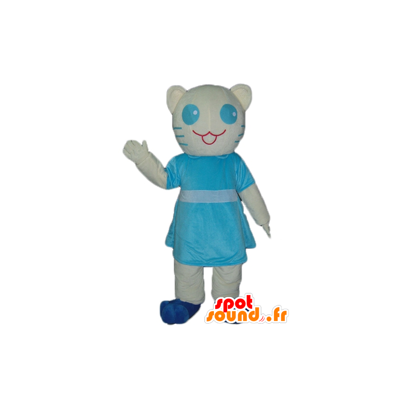 Mascotte blauwe en witte kat met een blauwe jurk - MASFR23041 - Cat Mascottes