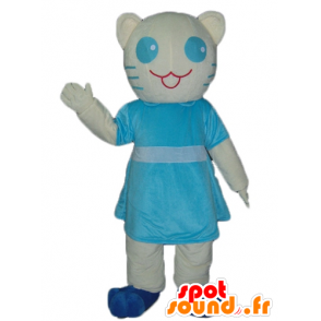 Mascot gato blanco y azul con un vestido azul - MASFR23041 - Mascotas gato