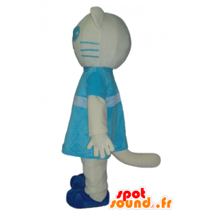 Vit och blå kattmaskot, med en blå klänning - Spotsound maskot