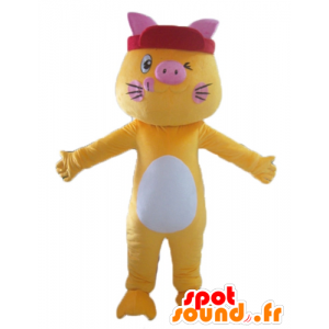 Keltainen kissa maskotti, valkoinen ja vaaleanpunainen, värikäs ja hauska - MASFR23042 - kissa Maskotteja