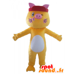 Yellow cat mascot, white and pink, colorful and funny - MASFR23042 - Cat mascots