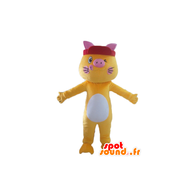 Žlutá kočka maskot, bílá a růžová, pestré a zábavné - MASFR23042 - Cat Maskoti