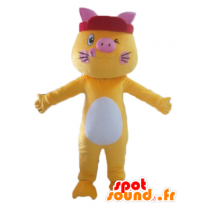 Gelbe Katze Maskottchen, weiß und rosa, bunt und lustig - MASFR23042 - Katze-Maskottchen