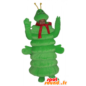 Maskotgrön larv, jätte, med en röd halsduk - Spotsound maskot