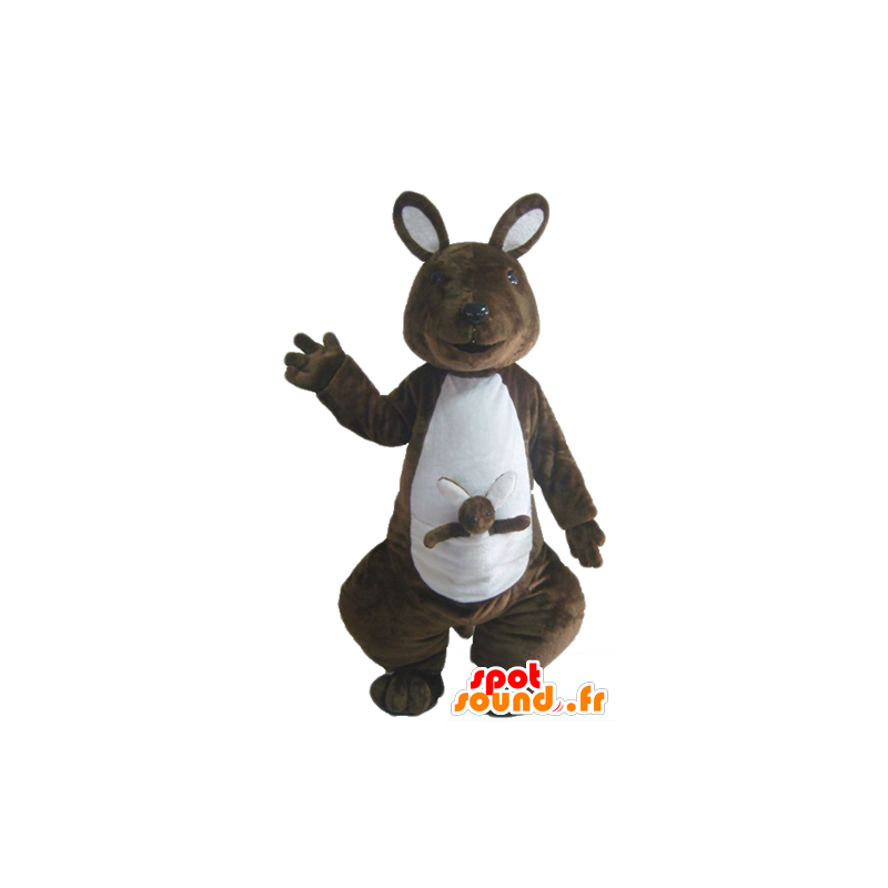 Mascotte de kangourou marron et blanc, avec son bébé - MASFR23044 - Mascottes Kangourou